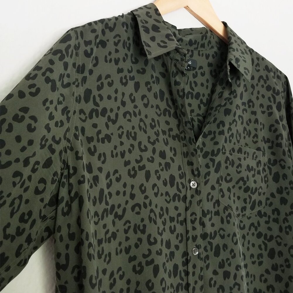 Rails Kate 100% Silk Button Down Blouse Olive Cheetah S Minimalist Designer $198 - Picture 15 of 16